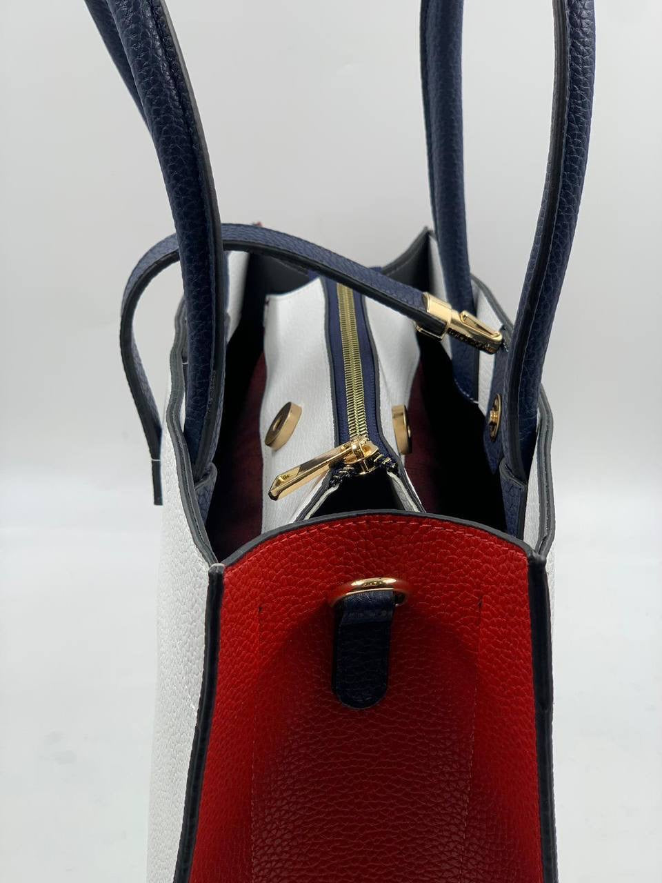 White Leather Handbag, red detailed