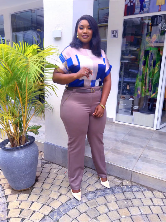 Beige & blue print Pant Set